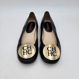 Carolina Herrera Gold Medallion Black Leather Ballet Flats 37 US 7